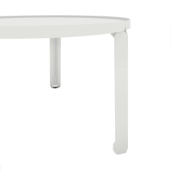 Détail de la table basse en acier Jade de forme ronde, coloris blanc