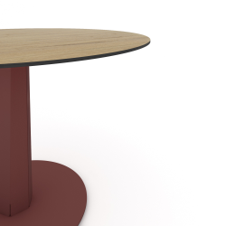 Plateau décor chêne clair pour table à manger ronde, pied acier coloris red brown métallisé