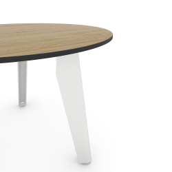 Plateau de table basse ronde décor chêne clair, pieds acier blanc