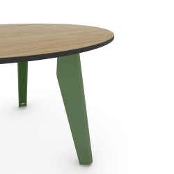 Plateau de table basse ronde décor chêne clair, pieds acier vert