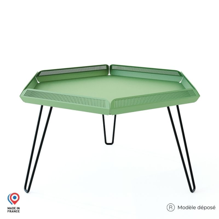 Table de jardin en acier Céleste verte avec pieds épingle noirs Table de jardin en acier Céleste verte avec pieds épingle noirs