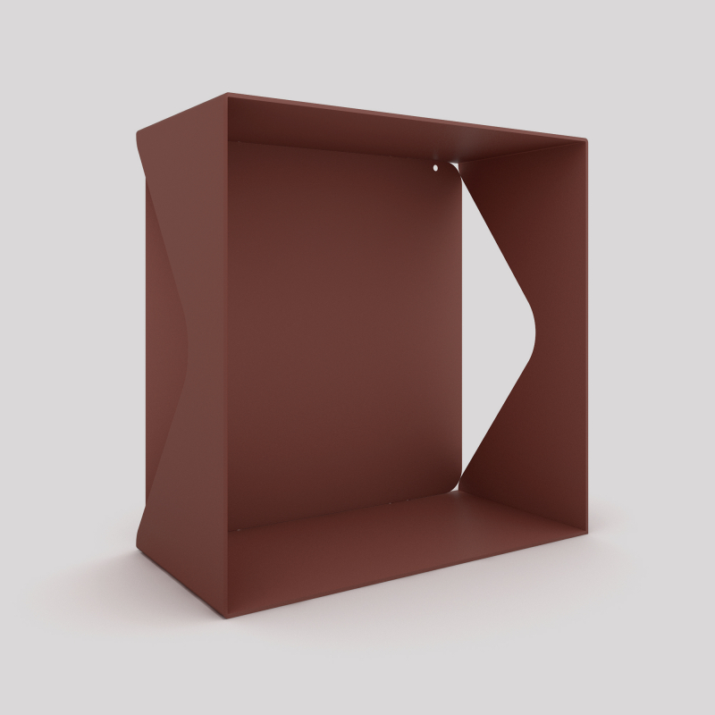 Cube-étagère échancré en acier avec sa plaque, red-brown métallisé Cube-étagère échancré en acier avec sa plaque, red-brown métallisé