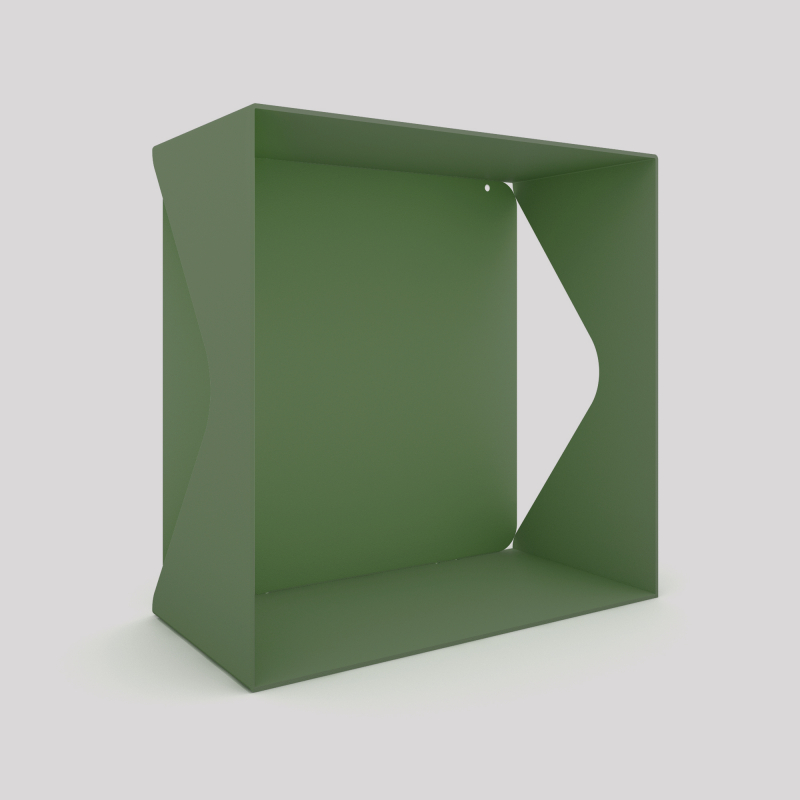 Cube-étagère échancré en acier avec sa plaque, vert