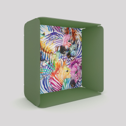 Cube-étagère en acier, vert avec son voile de fond zèbres