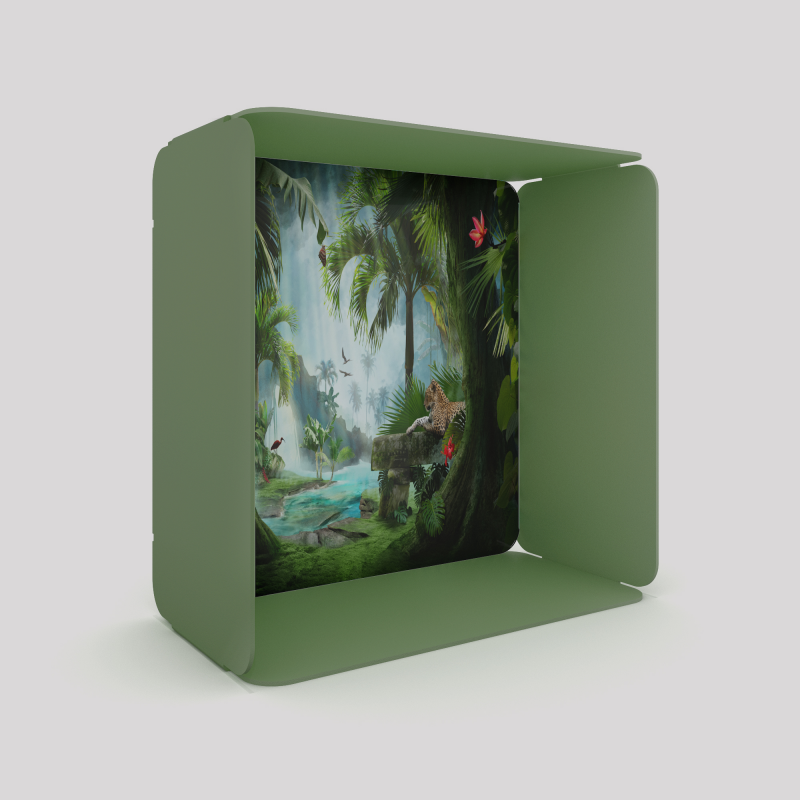Cube-étagère en acier, vert avec son voile de fond léopard