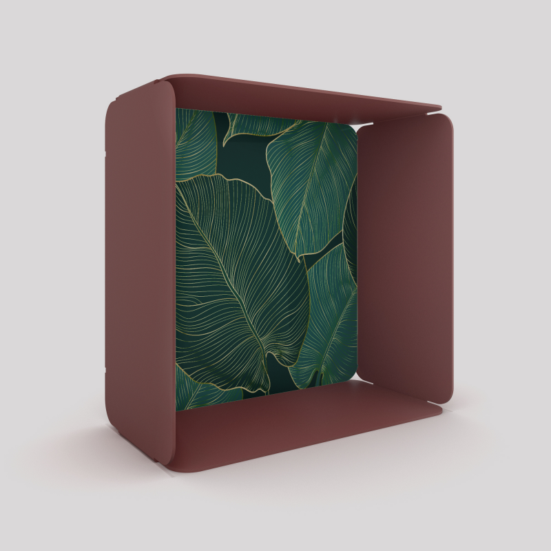 Cube-étagère en acier, red brown métallisé avec son voile de fond grosses feuilles