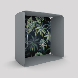 Cube-étagère en acier, gris métallisé avec son voile de fond palmiers