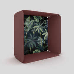 Cube-étagère en acier, red brown métallisé avec son voile de fond palmiers