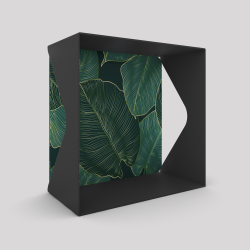 Cube-étagère échancré en acier, carbone avec son voile de fond grosses feuilles