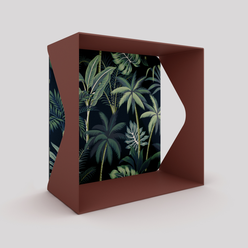 Cube-étagère échancré en acier, red brown métallisé avec son voile de fond palmiers