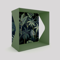 Cube-étagère échancré en acier, vert avec son voile de fond palmiers