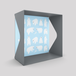 Cube-étagère échancré en acier, gris métallisé avec son voile de fond ours polaires